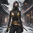 Mysterious beautiful armed kunoichi ninja wearing eyeliner and gold jewelry in the streets of a dark snowy town, 8k, Intricate Details, Trending on Artstation, Beautiful, Stunning, Centered by Stanley Artgerm Lau, WLOP