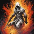 White Assassin emerging from a firey fog of battle, ink splash, Highly Detailed, Vibrant Colors, Ink Art, Fantasy, Dark by Vincent Di Fate