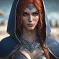 Alluring highly detailed matte close-up portrait of beautiful elf shani from witcher 3 wearing chainmail bikini and a blue cloak, 8k, High Definition, Highly Detailed, Intricate, Half Body, Realistic, Sharp Focus, Fantasy, Elegant