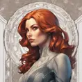 Alluring matte portrait of a beautiful Jean Grey from X-Men, 8k, Highly Detailed, Intricate, Half Body, Realistic, Sharp Focus, Volumetric Lighting, Fantasy, Elegant by Alphonse Mucha