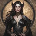 Alluring matte portrait of a beautiful Morgana wearing black leather, 8k, Highly Detailed, Intricate, Half Body, Realistic, Sharp Focus, Volumetric Lighting, Fantasy, Elegant by Stanley Artgerm Lau, Alphonse Mucha, WLOP