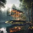 Beautiful futuristic architectural glass house in the forest on a large lake, 8k, Award-Winning, Highly Detailed, Beautiful, Epic, Octane Render, Unreal Engine, Radiant, Volumetric Lighting by Leonid Afremov