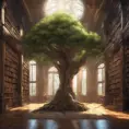 A beautiful giant tree growing in the middle of an ancient victorian library indoors. a door is embedded in the tree, 4k resolution, Hyper Detailed, Pixiv, Trending on Artstation, Vintage Illustration, Hearthstone, Unreal Engine, Volumetric Lighting, Concept Art, Digital Art, Fantasy by Stanley Artgerm Lau, Angela Barrett, WLOP