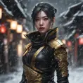 Mysterious beautiful armed kunoichi ninja wearing black leather and gold in the streets of dark snowy tokyo, 8k, Intricate Details, Trending on Artstation, Beautiful, Stunning, Centered by Stanley Artgerm Lau, WLOP