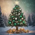 A large green christamas tree in snow lit full of christmas decorations, 8k, Highly Detailed, Digital Painting, Photo Realistic, Sharp Focus, Octane Render, Unreal Engine, Volumetric Lighting