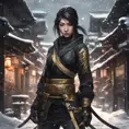 Mysterious beautiful armed kunoichi ninja wearing eyeliner and gold jewelry in the streets of a dark snowy town, 8k, Intricate Details, Trending on Artstation, Beautiful, Stunning, Centered by Stanley Artgerm Lau, WLOP