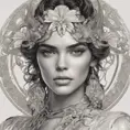 Alluring matte portrait of a beautiful Kendall Jenner, 8k, Highly Detailed, Intricate, Half Body, Realistic, Sharp Focus, Volumetric Lighting, Fantasy, Elegant by Alphonse Mucha