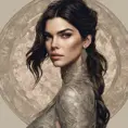 Alluring matte portrait of a beautiful Kendall Jenner, 8k, Highly Detailed, Intricate, Half Body, Realistic, Sharp Focus, Volumetric Lighting, Fantasy, Elegant by Alphonse Mucha