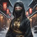 Mysterious beautiful armed kunoichi ninja wearing eyeliner and gold jewelry in the streets of a dark snowy town, 8k, Intricate Details, Trending on Artstation, Beautiful, Stunning, Centered by Stanley Artgerm Lau, WLOP