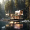 Beautiful futuristic architectural glass house in the forest on a large lake, 8k, Award-Winning, Highly Detailed, Beautiful, Epic, Octane Render, Unreal Engine, Radiant, Volumetric Lighting by Leonid Afremov