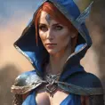 Alluring highly detailed matte close-up portrait of beautiful elf shani from witcher 3 wearing chainmail bikini and a blue cloak, 8k, High Definition, Highly Detailed, Intricate, Half Body, Realistic, Sharp Focus, Fantasy, Elegant