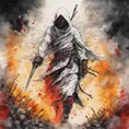 White Assassin emerging from a firey fog of battle, ink splash, Highly Detailed, Vibrant Colors, Ink Art, Fantasy, Dark by Studio Ghibli