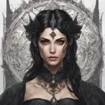 Alluring portrait of a beautiful gothic black haired sorceress in the style of Stefan Kostic, 8k, High Definition, Highly Detailed, Intricate, Half Body, Realistic, Sharp Focus, Fantasy, Elegant