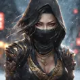 Mysterious beautiful armed kunoichi ninja wearing eyeliner and gold jewelry in the streets of a dark snowy town, 8k, Intricate Details, Trending on Artstation, Beautiful, Stunning, Centered by Stanley Artgerm Lau, WLOP