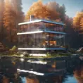 Beautiful futuristic architectural glass house in the forest on a large lake, 8k, Award-Winning, Highly Detailed, Beautiful, Epic, Octane Render, Unreal Engine, Radiant, Volumetric Lighting by Leonid Afremov