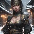 Mysterious beautiful armed kunoichi ninja wearing eyeliner and gold jewelry in the streets of a dark snowy town, 8k, Intricate Details, Trending on Artstation, Beautiful, Stunning, Centered by Stanley Artgerm Lau, WLOP