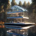 Beautiful futuristic architectural glass house in the forest on a large lake, 8k, Award-Winning, Highly Detailed, Beautiful, Epic, Octane Render, Unreal Engine, Radiant, Volumetric Lighting by Leonid Afremov