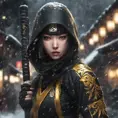 Mysterious beautiful armed kunoichi ninja wearing black and gold in the streets of dark snowy tokyo, 8k, Intricate Details, Trending on Artstation, Beautiful, Stunning, Centered by Stanley Artgerm Lau, WLOP