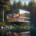 Beautiful futuristic architectural glass house in the forest on a large lake, 8k, Award-Winning, Highly Detailed, Beautiful, Epic, Octane Render, Unreal Engine, Radiant, Volumetric Lighting by Leonid Afremov