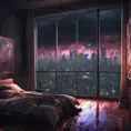 Beautiful cozy bedroom with floor to ceiling glass windows overlooking a cyberpunk city at night, thunderstorm outside with torrential rain, High Resolution, Highly Detailed, Darkwave, Gloomy