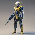 Full body of a high elf sci fi soldier wearing heavy sci fi elven armor, navy blue and yellow and white armor and helmet, visor, boots, male, holding a light machine gun, 8k, Sci-Fi, Fantasy