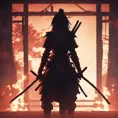 Silhouette of a samurai female assassin in the style of Fire watch, 8k, Dystopian, Trending on Artstation, Volumetric Lighting