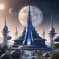 Distant view of a large round indigo temple in the center of a futuristic community. Extraterrestrial landscape. The moon and stars can be seen in the sky even during the day., 8k, Sci-Fi