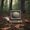 Retro Macintosh desktop computer abandoned in the woods, shot on leica, Unreal Engine, Dynamic Lighting, Volumetric Lighting