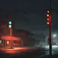 A simple bright trafficlight at a street corner at night, Dystopian, Digital Painting, Dark