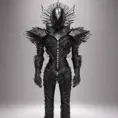 An ultrarrealistic distant   photograph of a futuristic medieval  king style  power suit, made of black mate  metal and polymer, full crystal hull, for a man, visible wires,  sitting in a throne, 8k, Dystopian, Elegant