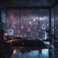 Beautiful cozy bedroom with floor to ceiling glass windows overlooking a cyberpunk city at night, thunderstorm outside with torrential rain, High Resolution, Highly Detailed, Darkwave, Gloomy