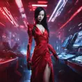 A fierce armed asian assassin in silk red dress at a high tech nightclub, Cyberpunk, Sci-Fi, Photo Realistic