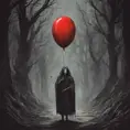 dark aesthetic, A creepy dark humanoid figure, holding a red balloon, scary, eerie, stunning fantasy illustration, Intricate Details, Fantasy, Dark