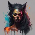 splash art, a quirky liquid portrait of a hauntingly beautiful dark werewolf woman, splash style of paint, Pixar style, Halloween colors, fantastical, splashy, 4k resolution, 8k, Hyper Detailed, Intricate Details, Masterpiece, Oil on Canvas, Concept Art, Digital Art, Dark