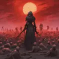 Back view of an assassin woman on a batte field covered by corpses. The sky is colored by a red sun set, Dystopian, Volumetric Lighting