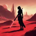 Portrait of a silhouette star wars female jedi with her red lightsaber, on an alien planet, in the style of evocative environmental portraits, dark, red, Sci-Fi, Volumetric Lighting