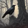 Crow in a haunted forest, Highly Detailed, Intricate, Gothic, Volumetric Lighting, Fantasy, Dark by Stanley Artgerm Lau