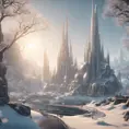 Futuristic galactic elven city in winter, 8k, Award-Winning, Highly Detailed, Beautiful, Octane Render, Unreal Engine, Radiant, Volumetric Lighting by James Gurney, Greg Rutkowski