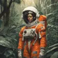 Medium-full shot, muted photo portrait titled "female Astronaut in a Jungle", tangerine space suit, muted palette, reflections, 8k, Highly Detailed