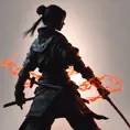 Silhouette of a samurai female assassin in the style of Fire watch, 8k, Dystopian, Trending on Artstation, Volumetric Lighting