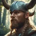 Closeup of a beautiful viking in a magical forest, 4k, Highly Detailed, Masterpiece, Pretty Face, Digital Illustration, Cinematic Lighting, Realistic, Sharp Focus, Centered, Beautifully Lit, Bioluminescent by Stanley Artgerm Lau