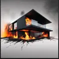 A modern home designed by Zara Hadid, Black Background, Fire and Ice, Splatter, Black Ink, Liquid Melting, Dreamy, Glowing, Glimmer, Shadows, 8k, Highly Detailed, Smooth, Vibrant Colors, Ominous