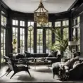 Interior architectural hi-res editorial award photo living room with a small glass wall, victorian coastal Villa inspired by the old town, in Hamptons, black and gold toned, High Resolution, Highly Detailed, Intricate Details, Photo Realistic, Natural Light