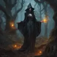 Sorceress in a haunted forest, Highly Detailed, Intricate, Gothic, Volumetric Lighting, Fantasy, Dark by Stanley Artgerm Lau