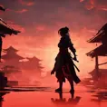 Silhouette of a samurai female assassin in the style of Fire watch, 8k, Dystopian, Trending on Artstation, Volumetric Lighting