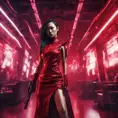 A fierce armed asian assassin in silk red dress at a high tech nightclub, Cyberpunk, Sci-Fi, Photo Realistic