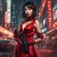 A dangerously armed asian feme fatale in silk red dress at a masquerade ball, Cyberpunk, Sci-Fi, Photo Realistic