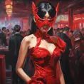 Asian cyberpunk feme fatale in expensive red dress with mask at a masquerade ball smart but dangerous in a high-tech club., Oil on Canvas, Photo Realistic