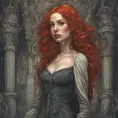 Woman with draconian traits and red hair in a haunted castle, Intricate Details, Fantasy