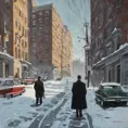 The scene in Hitchcock movie Vertigo, winter, Gouache painting, Highly Detailed, Intricate Details, Trending on Artstation, Winter, Sharp Focus, Gouache Painting by Greg Rutkowski